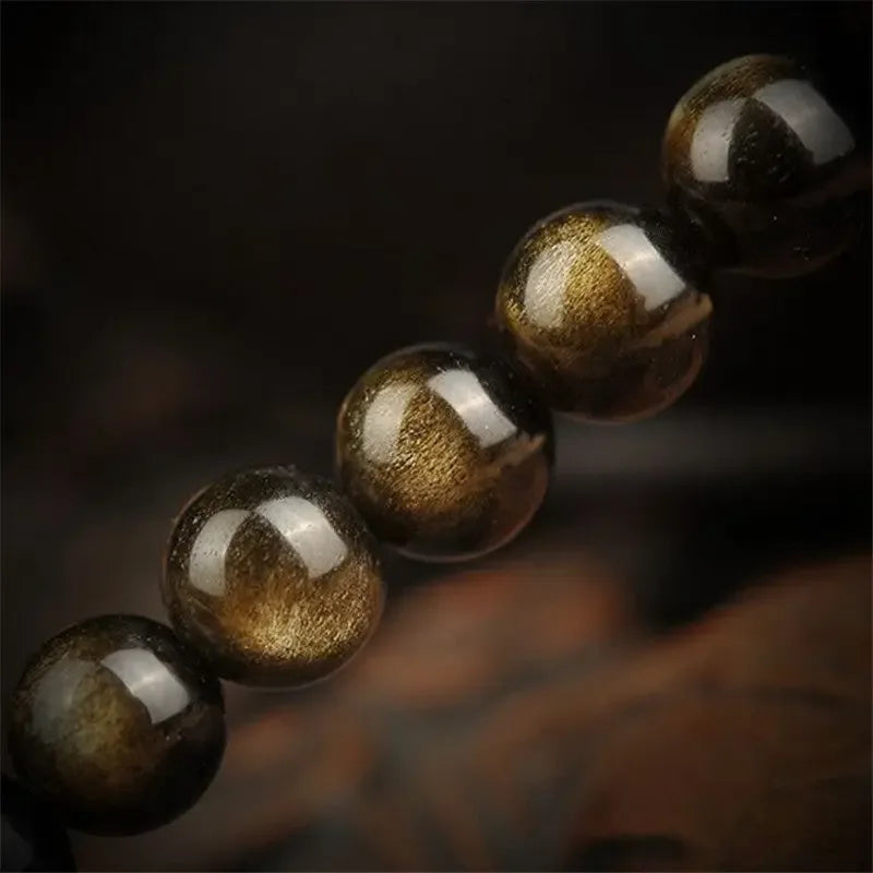 Natural Gold Obsidian Bracelet 108 Buddha Beads With Tibetan Silver Round Beads, Natural Gold Obsidian Bracelet. - CRYSTALOIL