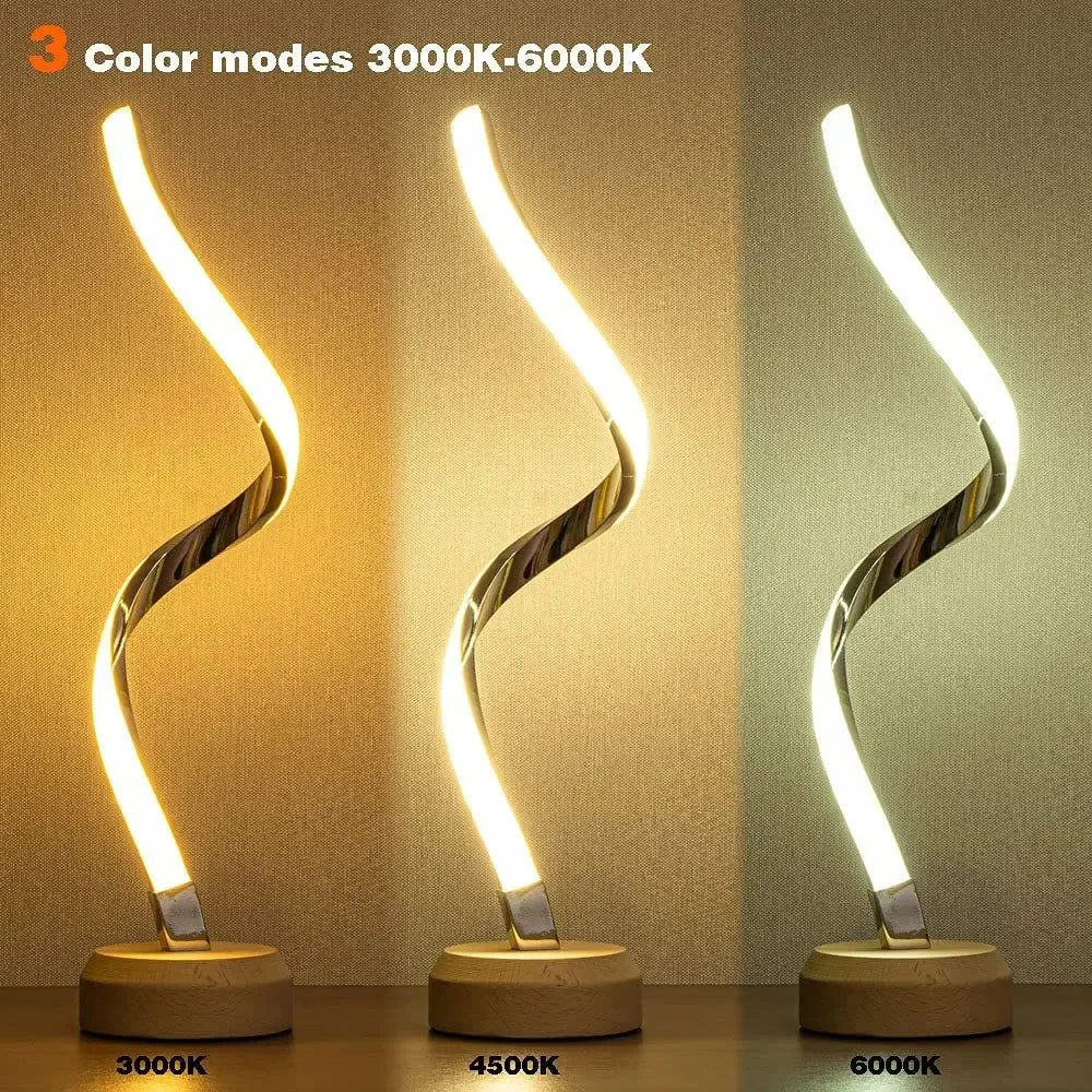LED Spiral Table Lamp Modern Curved Desk Bedside Lamp Dimmable Warm White Night Light For Living Room And Bedroom - CRYSTALOIL