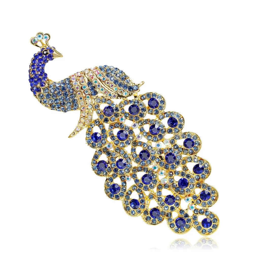 Extra Large Sapphire Crystal Rhinestone Peacock Brooch - CRYSTALOIL