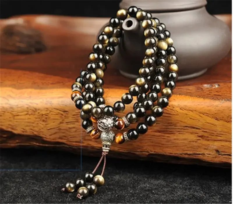 Natural Gold Obsidian Bracelet 108 Buddha Beads With Tibetan Silver Round Beads, Natural Gold Obsidian Bracelet. - CRYSTALOIL