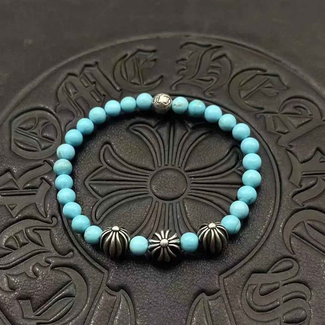 Obsidian Turquoise 6mm bracelet Thai silver vintage men's and women's personality classic beaded - CRYSTALOIL