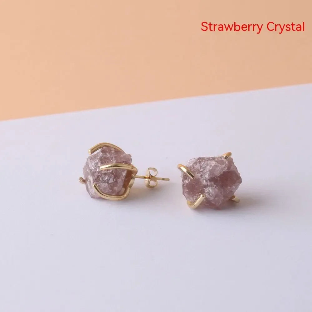 Gold-plated Four-claw Stone Rough Stone Stud Earrings For Women - CRYSTALOIL