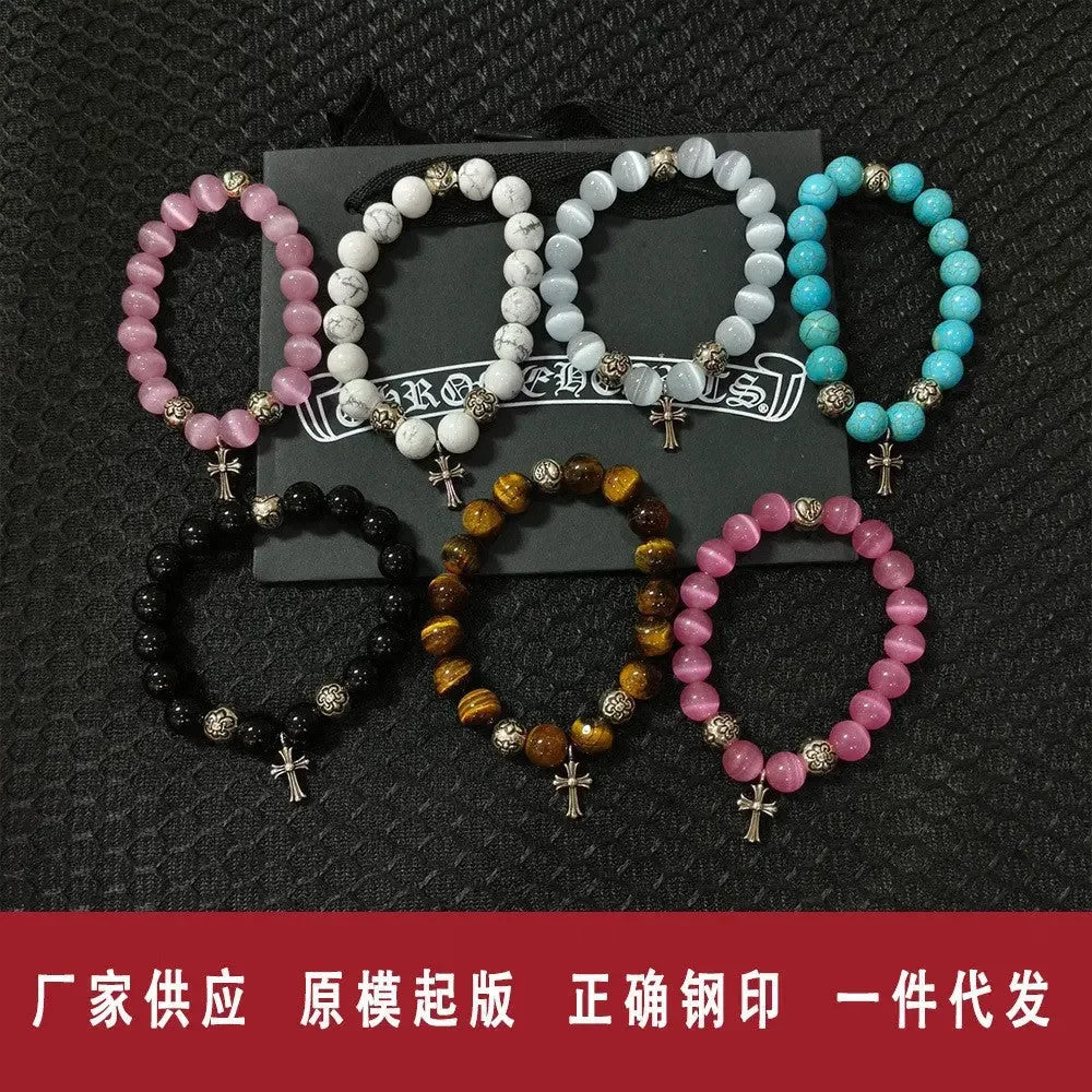 White copper obsidian turquoise 8mm white jade cat's eye classic beaded cross - CRYSTALOIL