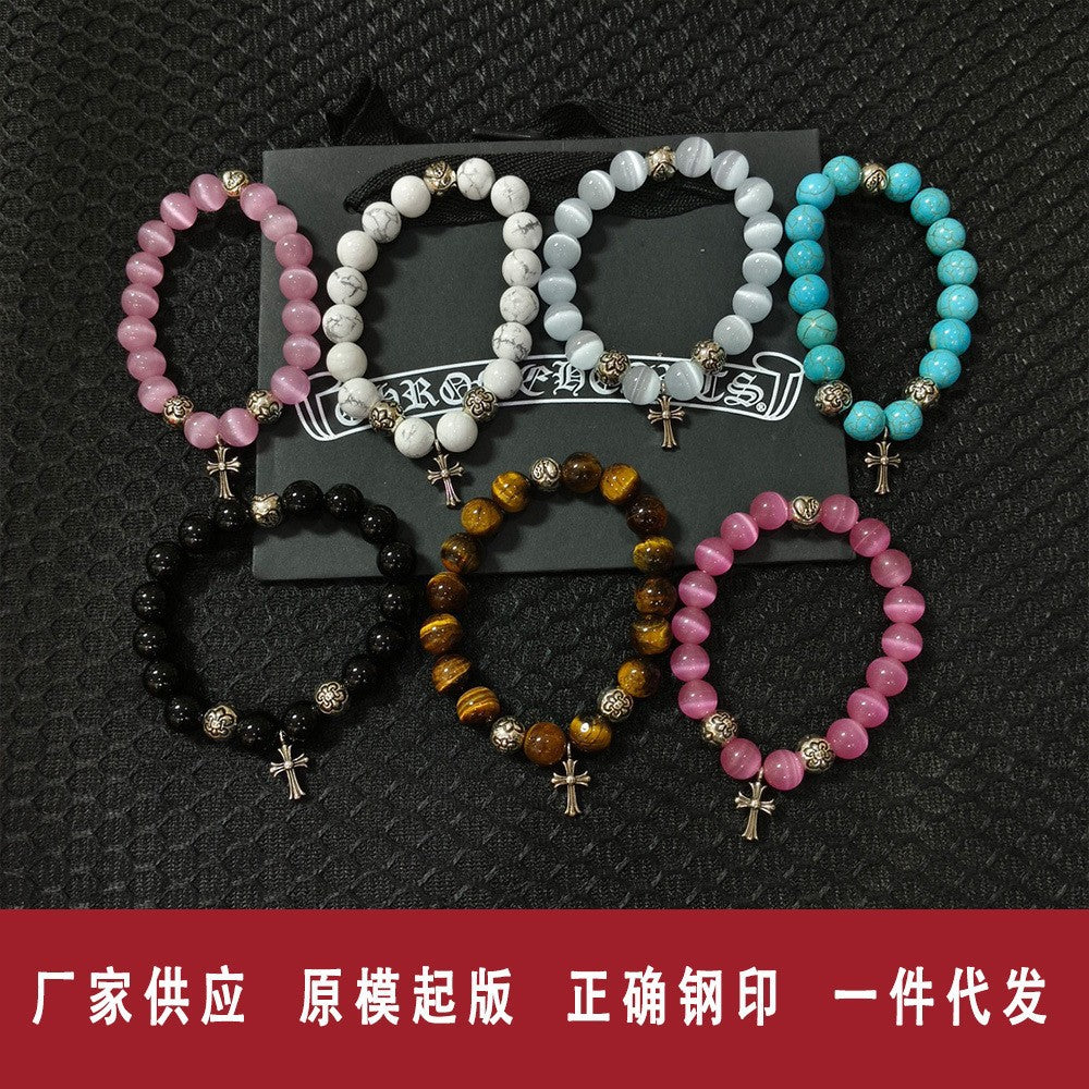 White copper obsidian turquoise 8mm white jade cat's eye classic beaded cross - CRYSTALOIL