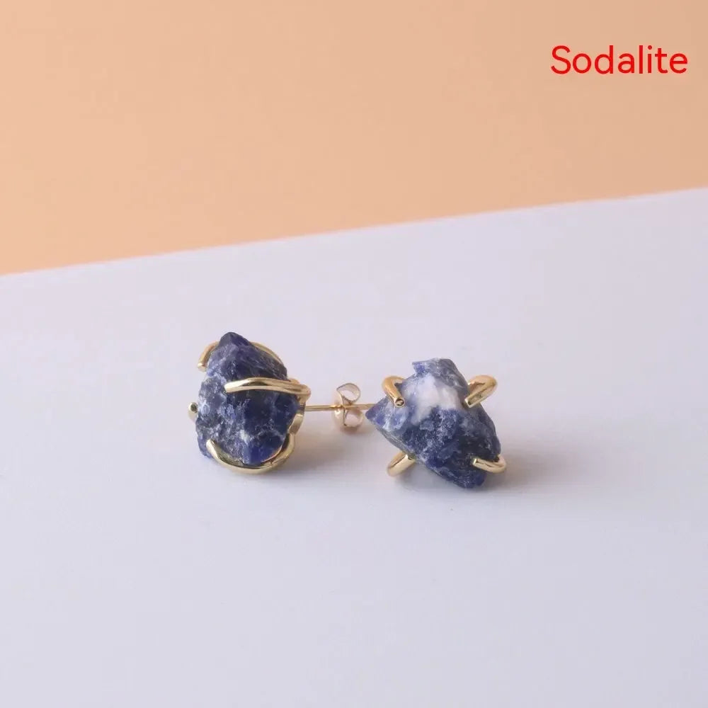 Gold-plated Four-claw Stone Rough Stone Stud Earrings For Women - CRYSTALOIL