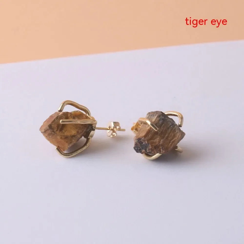 Gold-plated Four-claw Stone Rough Stone Stud Earrings For Women - CRYSTALOIL