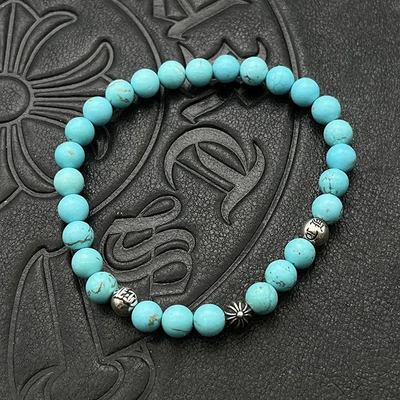 Obsidian Turquoise 6mm bracelet Thai silver vintage men's and women's personality classic beaded - CRYSTALOIL