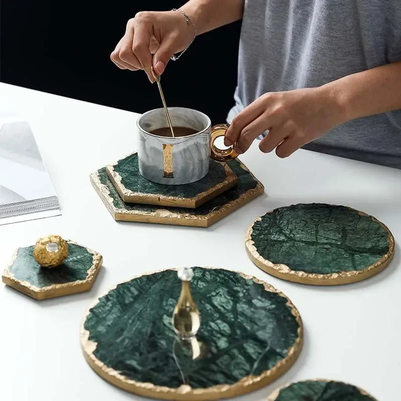 3 pieces Emerald Natural Marble Placemat Coaster Plate, - CRYSTALOIL