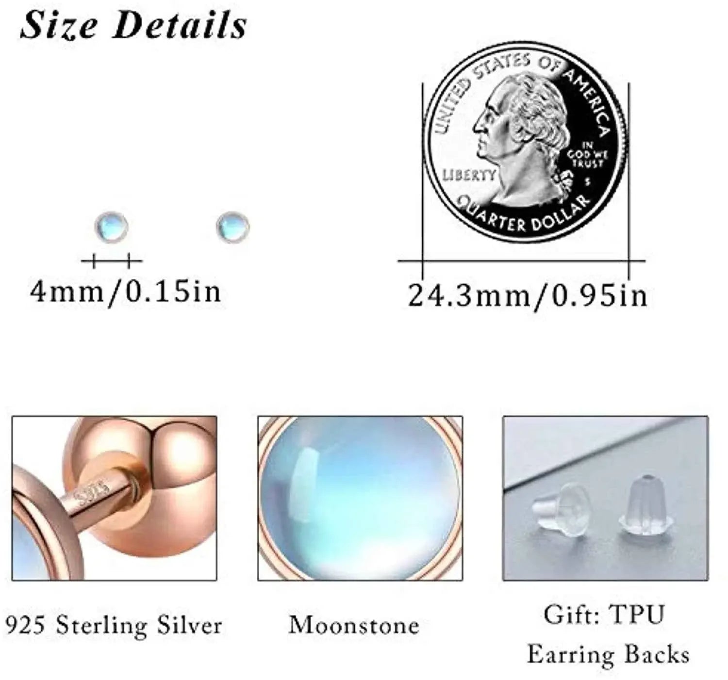 Sterling Silver Moonstone Tragus Cartilage Screw Back Hypoallergenic Earrings - CRYSTALOIL