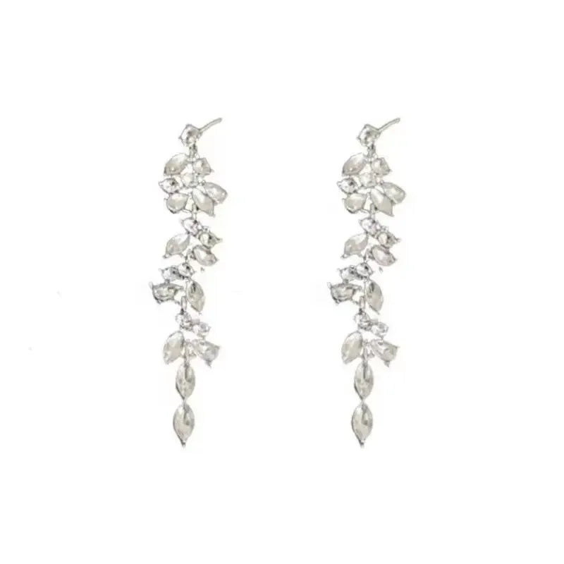 Light Luxury Crystal Diamond Leaf Tassel Earrings - CRYSTALOIL